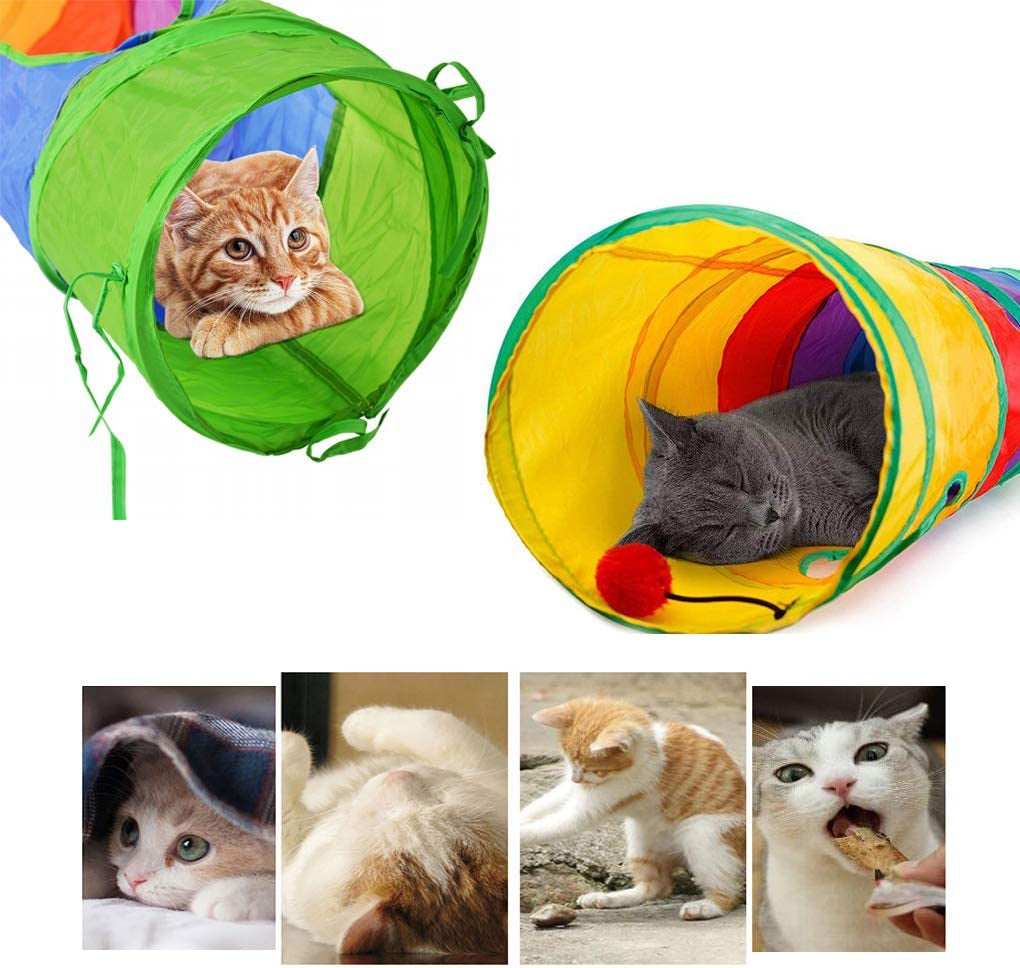 Indoor Cat Tunnel - 45" Collapsible Rainbow Tube with Play Ball and Dual Openings for Kittens and Rabbits, Ideal for Exercise and Training (Colorful)