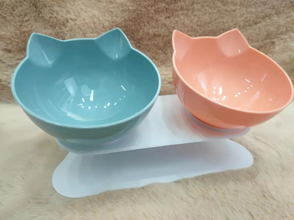 Non-Slip Double Cat Bowl with Inclined Stand for Food and Water - Pet Feeding Solution for Cats and Dogs