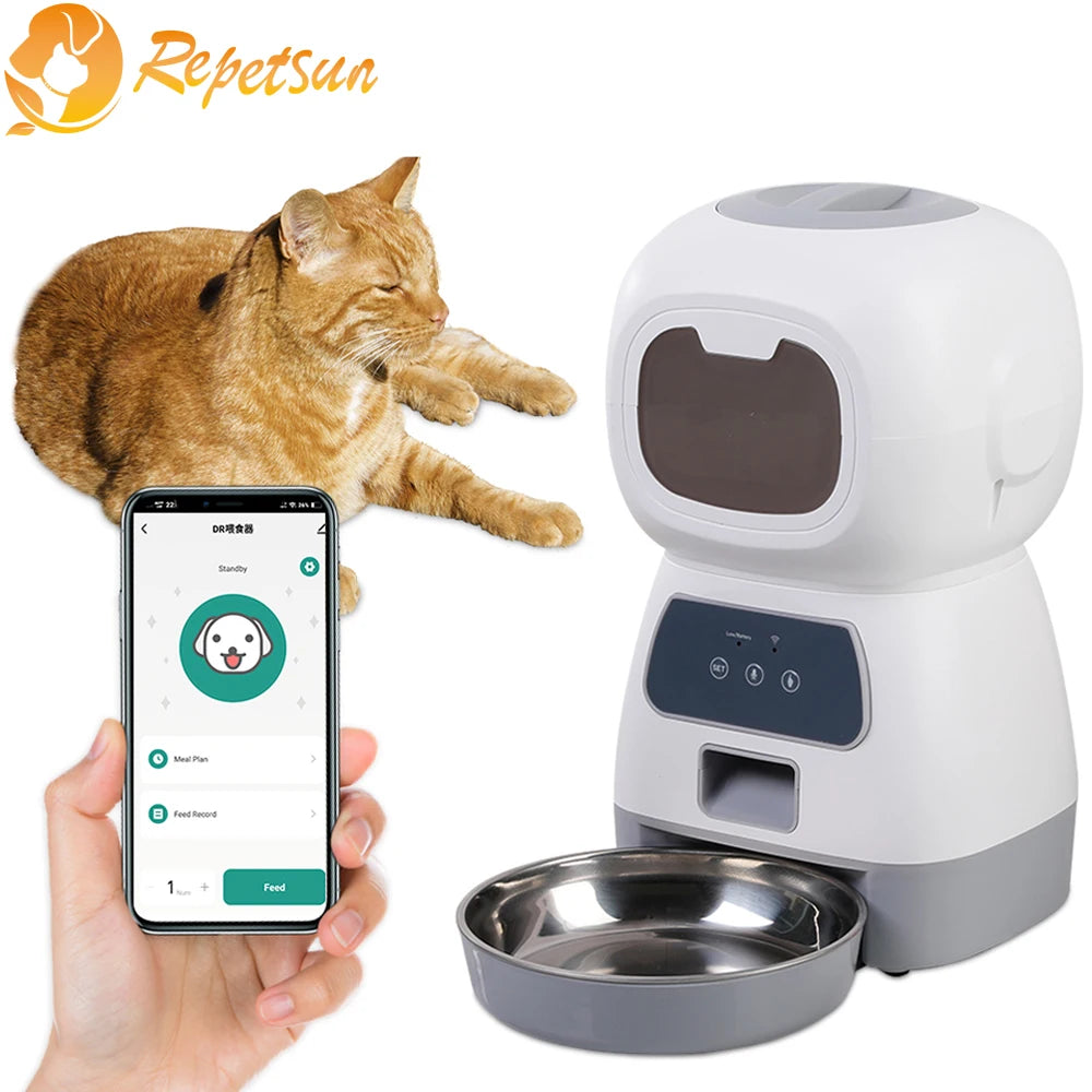 Automatic 3.5L Pet Feeder with WiFi Connectivity, Voice Recorder, and Slow Feed Design for Cats and Dogs - Large Capacity Timed Food Dispenser