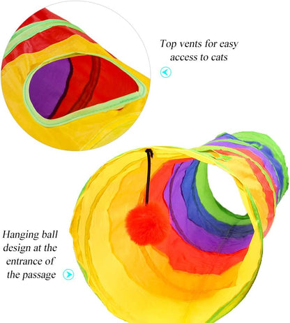 Indoor Cat Tunnel - 45" Collapsible Rainbow Tube with Play Ball and Dual Openings for Kittens and Rabbits, Ideal for Exercise and Training (Colorful)