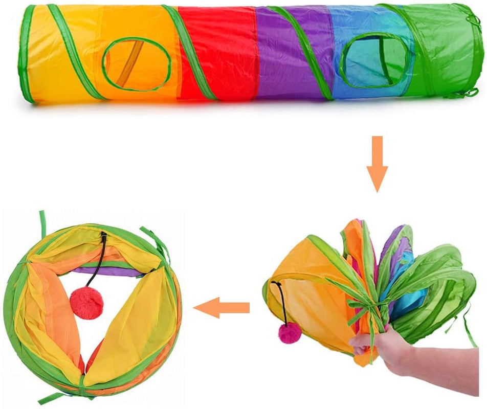 Indoor Cat Tunnel - 45" Collapsible Rainbow Tube with Play Ball and Dual Openings for Kittens and Rabbits, Ideal for Exercise and Training (Colorful)