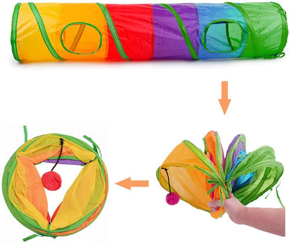 Indoor Cat Tunnel - 45" Collapsible Rainbow Tube with Play Ball and Dual Openings for Kittens and Rabbits, Ideal for Exercise and Training (Colorful)