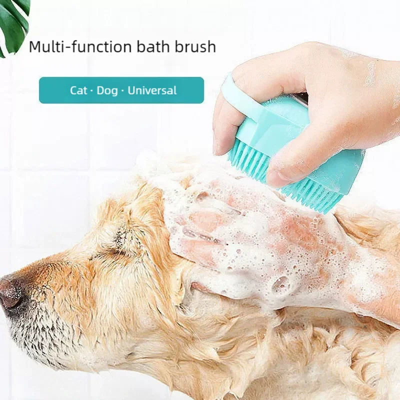 Pet Grooming Bath Brush with Shampoo Dispenser - Soft Silicone and Rubber Bristles for Dogs and Cats