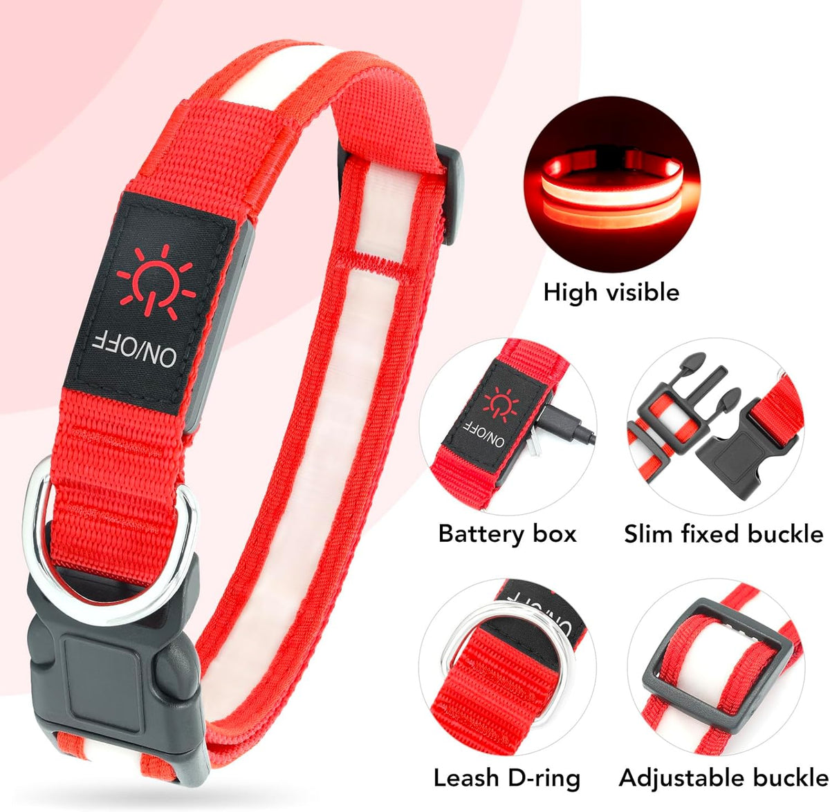 Adjustable USB Rechargeable High-Visibility LED Dog Collar for Medium Breeds - Red