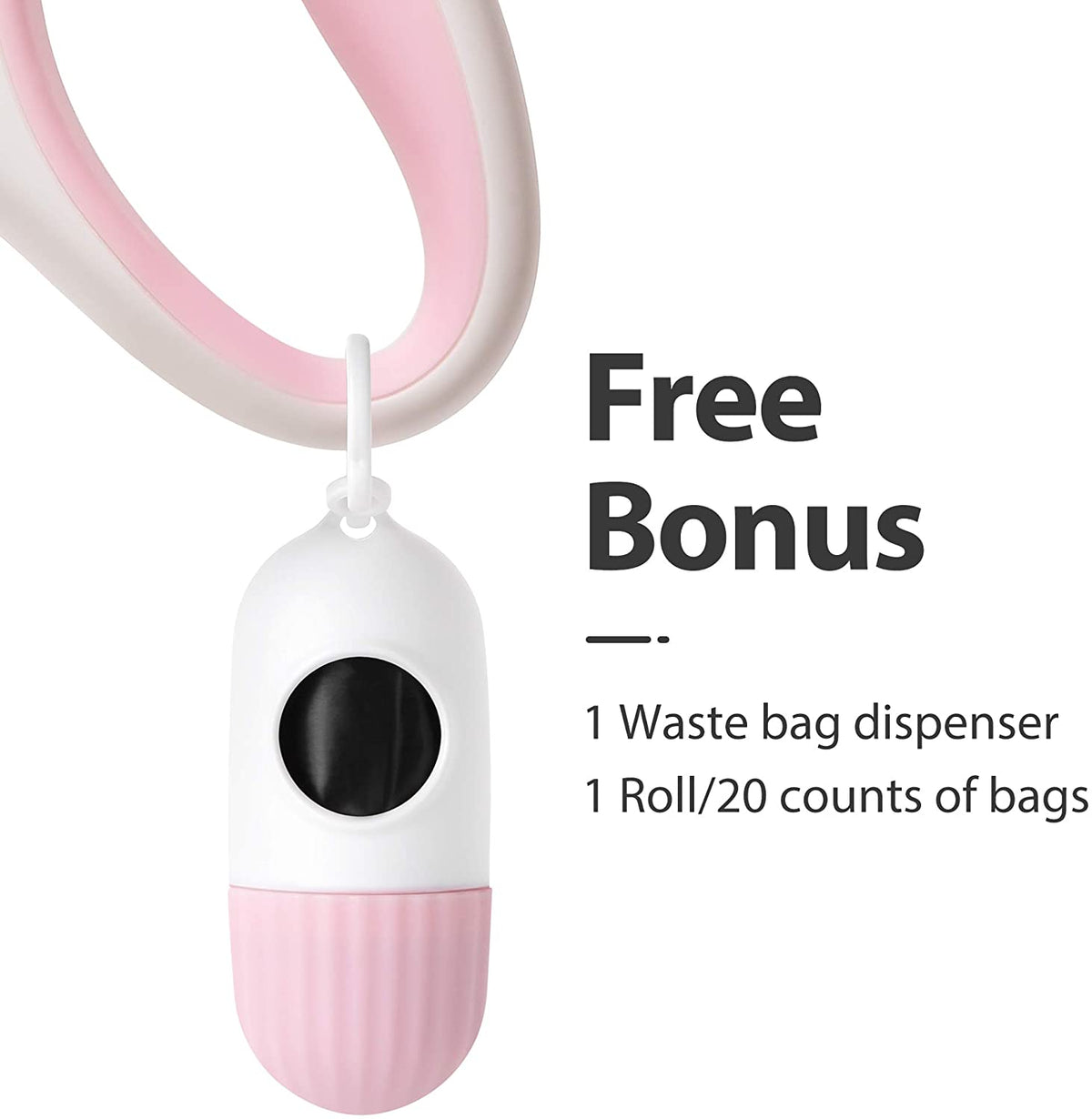10-Foot Retractable Dog Leash with Built-In Waste Bag Dispenser in White and Pink