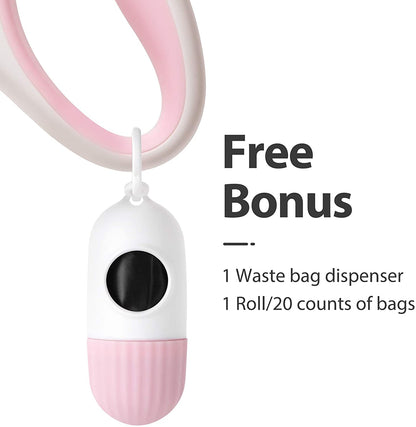 10-Foot Retractable Dog Leash with Built-In Waste Bag Dispenser in White and Pink