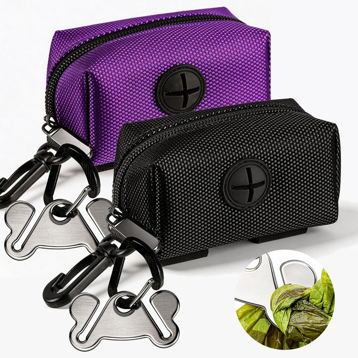 Dog Waste Bag Dispenser - Soft Fabric Zippered Holder for Pet Poop Bags, Leash Accessory Attachment, 2-Pack in Purple and Black