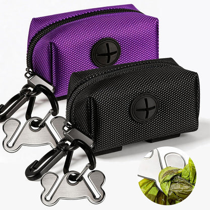 Dog Waste Bag Dispenser - Soft Fabric Zippered Holder for Pet Poop Bags, Leash Accessory Attachment, 2-Pack in Purple and Black