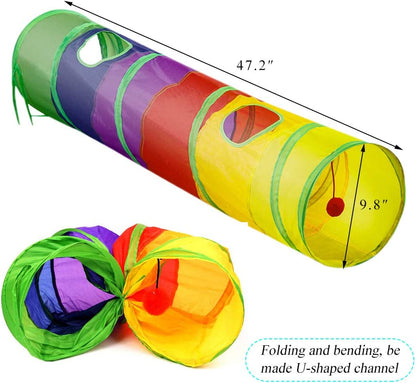 Indoor Cat Tunnel - 45" Collapsible Rainbow Tube with Play Ball and Dual Openings for Kittens and Rabbits, Ideal for Exercise and Training (Colorful)