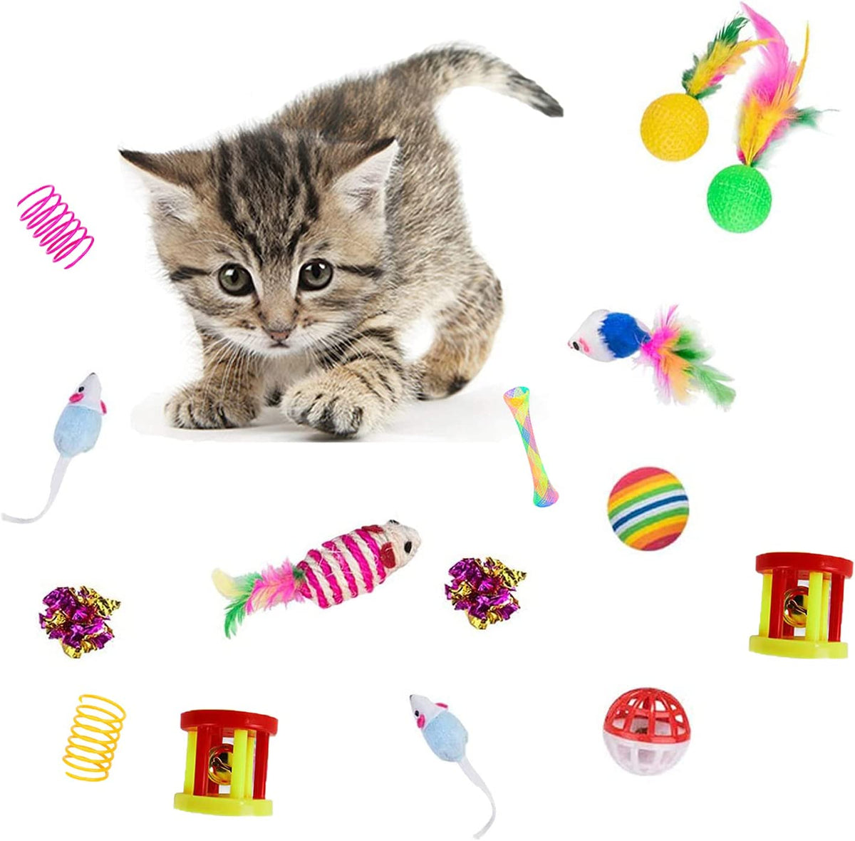 32-Piece Interactive Cat Toy Set Featuring Foldable Rainbow Tunnel, Feather Teaser Wand, Plush Mouse, Crinkle Balls, and Bell for Cats and Kittens