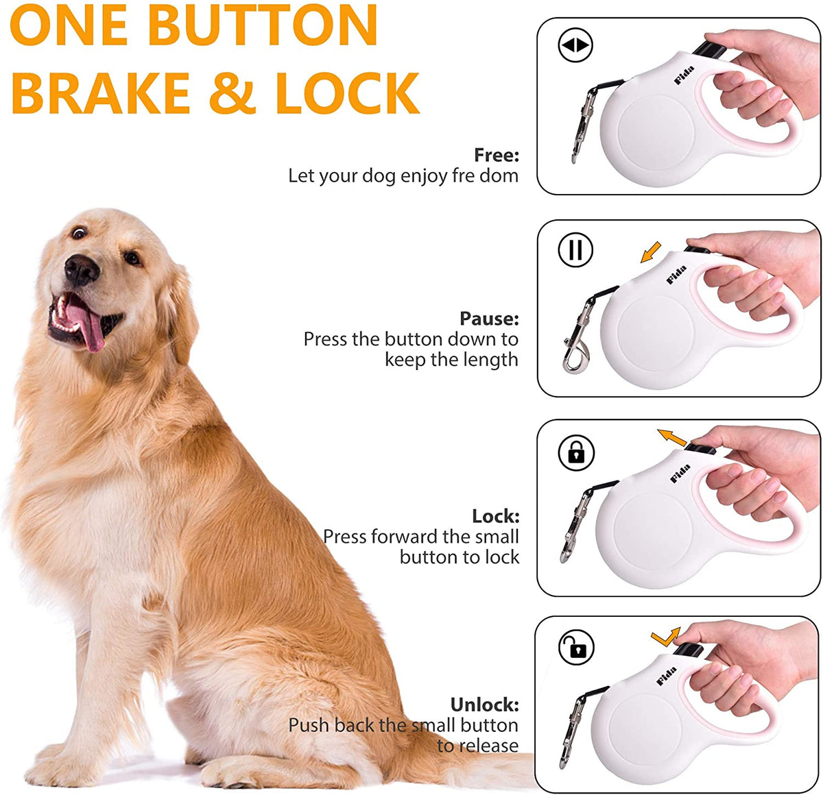 10-Foot Retractable Dog Leash with Built-In Waste Bag Dispenser in White and Pink