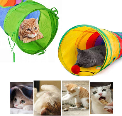 Indoor Cat Tunnel - 45" Collapsible Rainbow Tube with Play Ball and Dual Openings for Kittens and Rabbits, Ideal for Exercise and Training (Colorful)