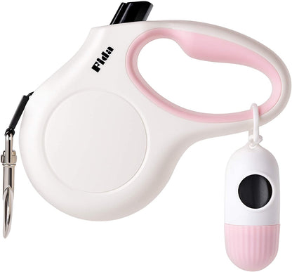 10-Foot Retractable Dog Leash with Built-In Waste Bag Dispenser in White and Pink