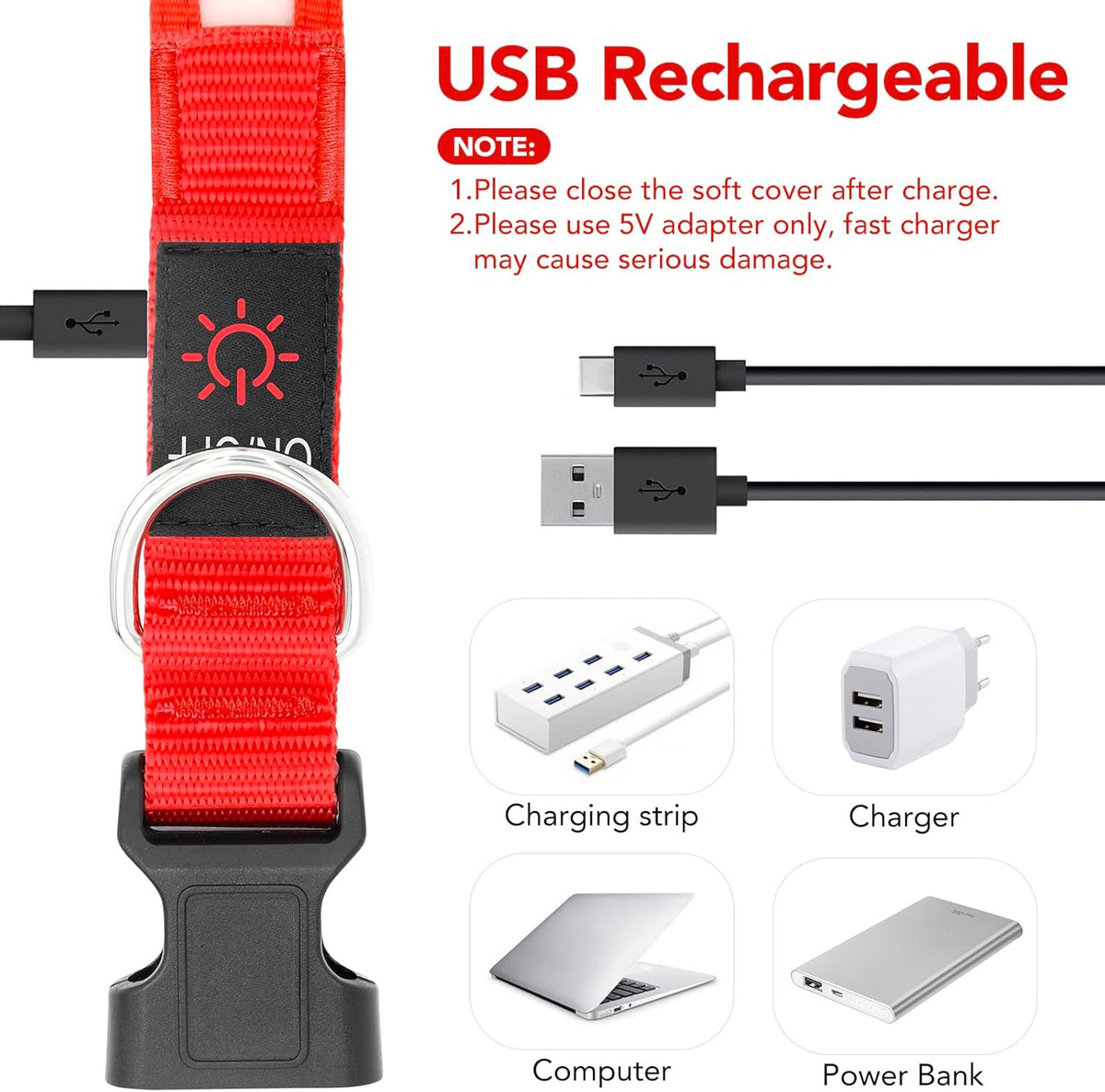 Adjustable USB Rechargeable High-Visibility LED Dog Collar for Medium Breeds - Red