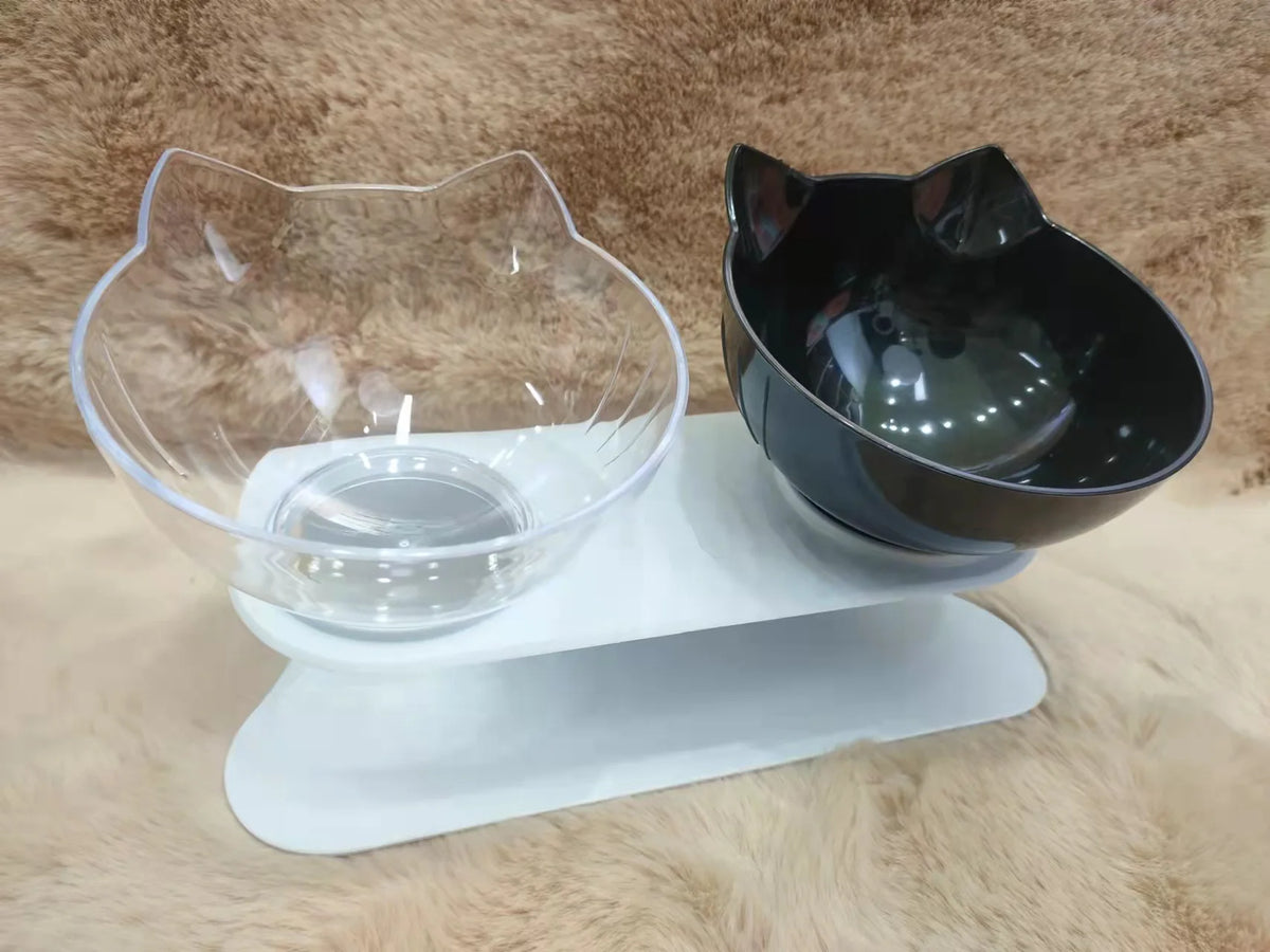 Non-Slip Double Cat Bowl with Inclined Stand for Food and Water - Pet Feeding Solution for Cats and Dogs