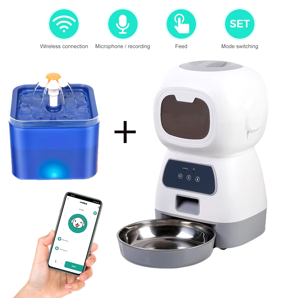 3.5L Smart Automatic Pet Feeder with WiFi App Control and Timed Dosing, Includes 2L Automatic Water Fountain and Cat Bowl