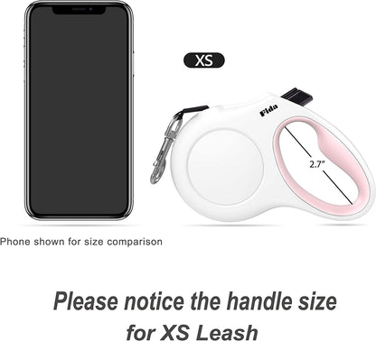 10-Foot Retractable Dog Leash with Built-In Waste Bag Dispenser in White and Pink