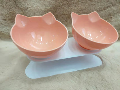 Non-Slip Double Cat Bowl with Inclined Stand for Food and Water - Pet Feeding Solution for Cats and Dogs