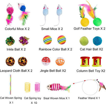 32-Piece Interactive Cat Toy Set Featuring Foldable Rainbow Tunnel, Feather Teaser Wand, Plush Mouse, Crinkle Balls, and Bell for Cats and Kittens
