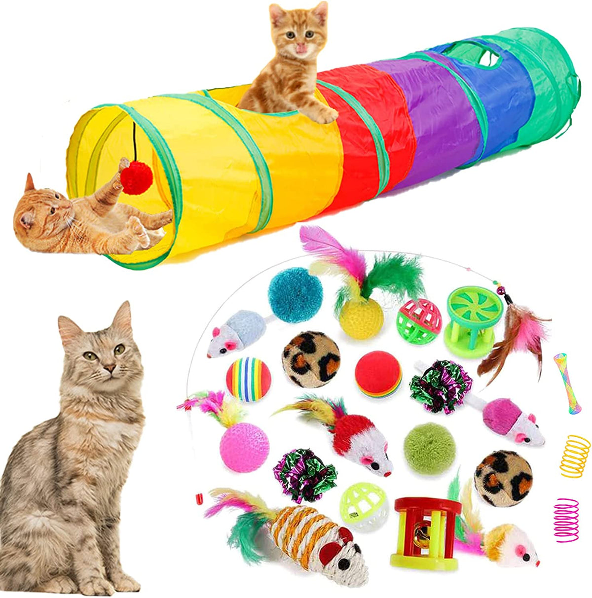 32-Piece Interactive Cat Toy Set Featuring Foldable Rainbow Tunnel, Feather Teaser Wand, Plush Mouse, Crinkle Balls, and Bell for Cats and Kittens