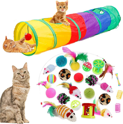 32-Piece Interactive Cat Toy Set Featuring Foldable Rainbow Tunnel, Feather Teaser Wand, Plush Mouse, Crinkle Balls, and Bell for Cats and Kittens