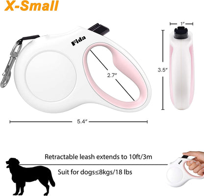 10-Foot Retractable Dog Leash with Built-In Waste Bag Dispenser in White and Pink