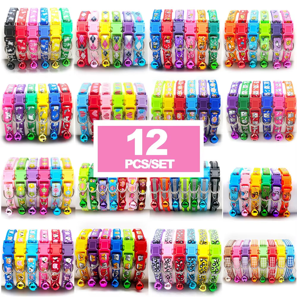 12-Pack Adjustable Cat Collars with Bells - Wholesale Pet Accessories for Cats and Kittens