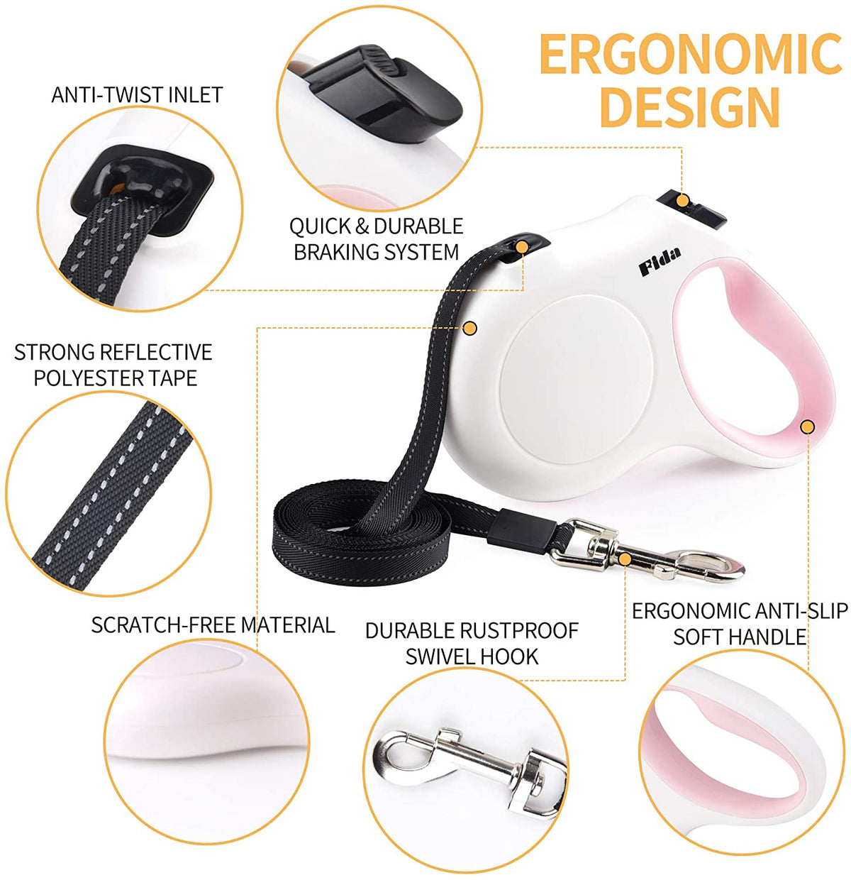 10-Foot Retractable Dog Leash with Built-In Waste Bag Dispenser in White and Pink