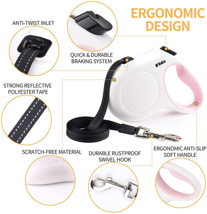 10-Foot Retractable Dog Leash with Built-In Waste Bag Dispenser in White and Pink