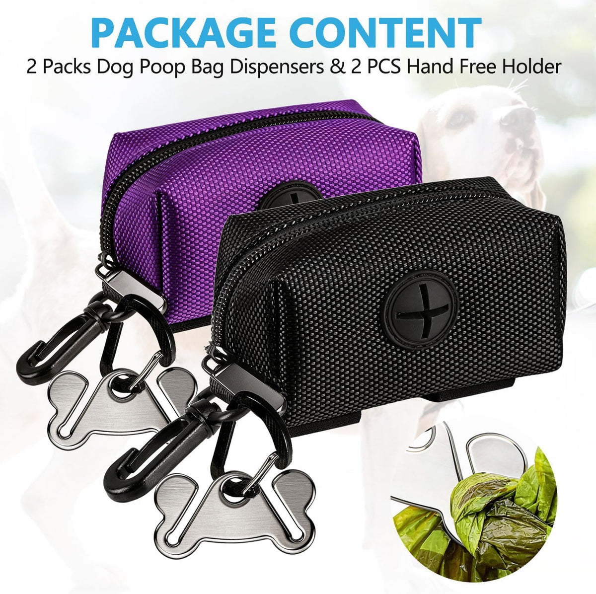 Dog Waste Bag Dispenser - Soft Fabric Zippered Holder for Pet Poop Bags, Leash Accessory Attachment, 2-Pack in Purple and Black