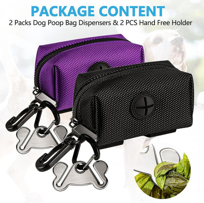 Dog Waste Bag Dispenser - Soft Fabric Zippered Holder for Pet Poop Bags, Leash Accessory Attachment, 2-Pack in Purple and Black