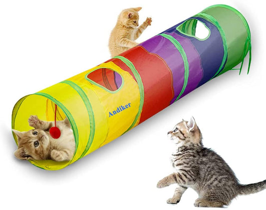 Indoor Cat Tunnel - 45" Collapsible Rainbow Tube with Play Ball and Dual Openings for Kittens and Rabbits, Ideal for Exercise and Training (Colorful)