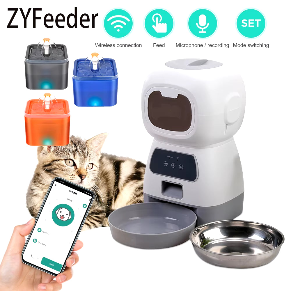 3.5L Smart Automatic Pet Feeder with WiFi App Control and Timed Dosing, Includes 2L Automatic Water Fountain and Cat Bowl