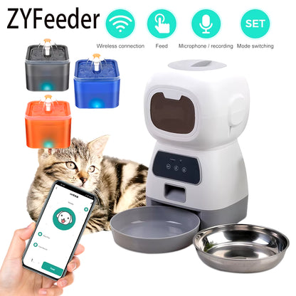 3.5L Smart Automatic Pet Feeder with WiFi App Control and Timed Dosing, Includes 2L Automatic Water Fountain and Cat Bowl