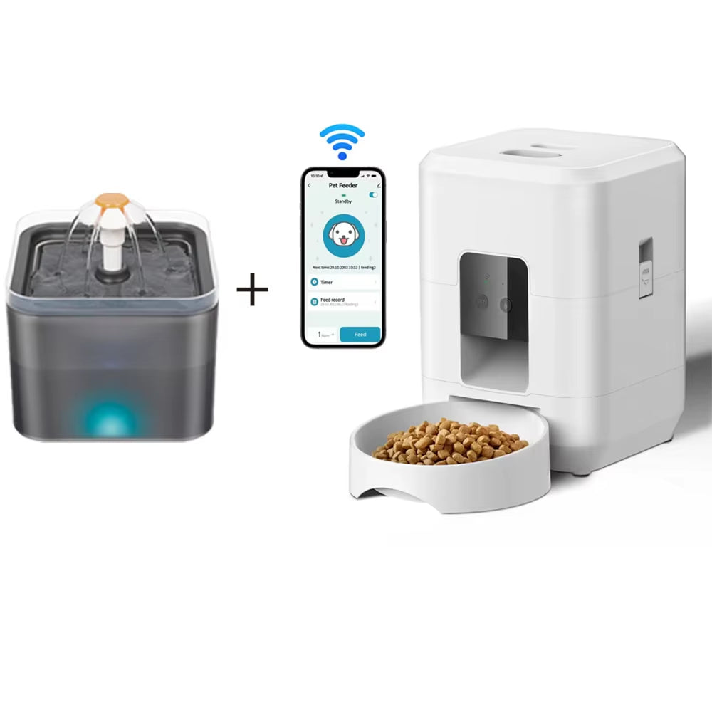 3.5L Smart Automatic Pet Feeder with WiFi App Control and Timed Dosing, Includes 2L Automatic Water Fountain and Cat Bowl